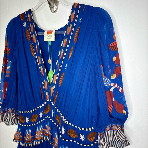 Farm Rio Nature Beauty Maxi Dress Blue Boho Print Short Sleeve Size Large NWT - Picture 4 of 12